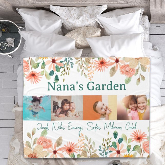 Manta Polar Jardín de la abuela de la Collage de fotos persona (Personalized Photo Collage Nana Grandma's Garden Fleece Blanket)