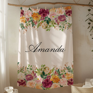 Manta Polar Jardín floral de rosas de acuarela con monograma e