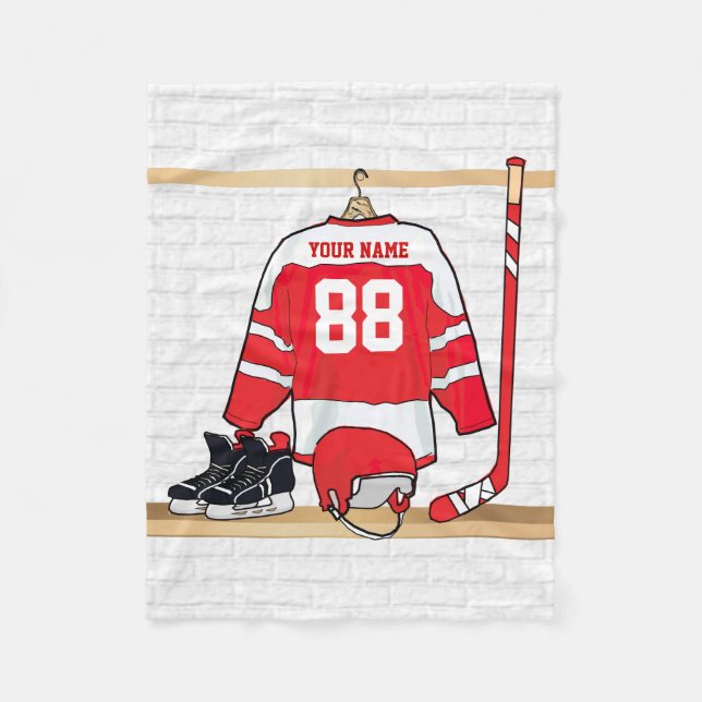 Manta Polar Jersey rojo y blanco personalizado del hockey (Anverso)