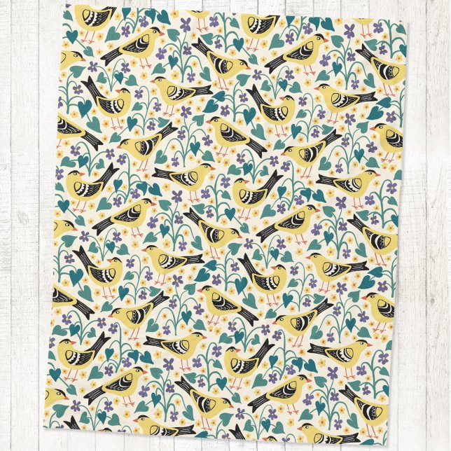 Manta Polar Jilguero y Flor de Violeta de Madera (Willow Goldfinch bird wood violet flower arts and crafts block print style fleece blanket)