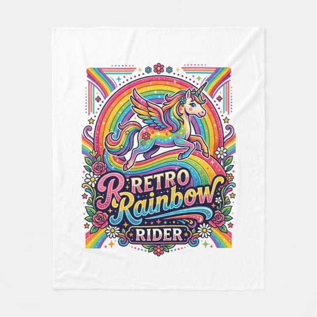 Manta Polar Jinete de Arcoíris Retro Unicornio (Anverso)
