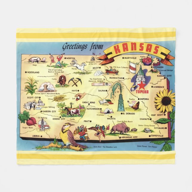 Manta Polar Kansas Postcard Map Throw (Frente (Horizontal))