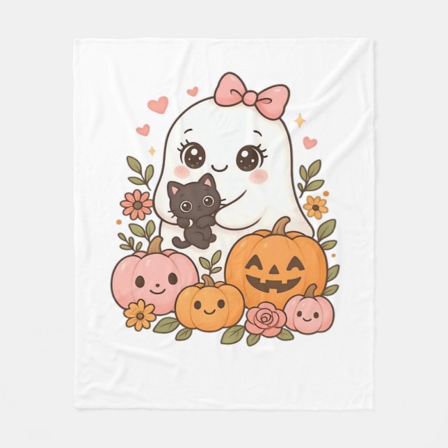 Manta Polar Kawaii Ghost Halloween Black Cat Pumpkin Fall Spoo (Anverso)