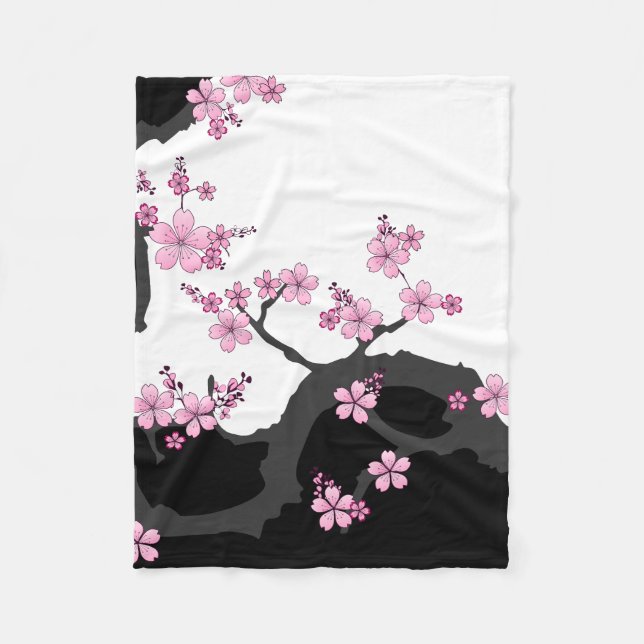 Manta Polar Kimono japonés Sakura negro y rosa blanco (Anverso)