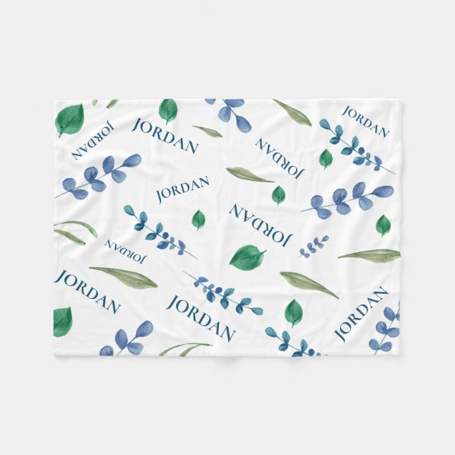 Manta Polar La acuarela verde blanca botánica deja el nombre d (Frente (Horizontal))