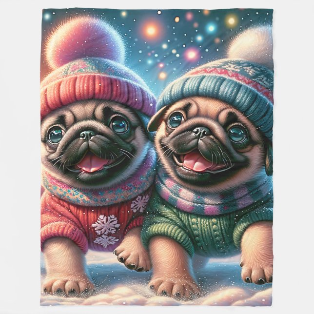 Manta Polar "La primera nevada de los Cachorros de Pug - el ca (Anverso)