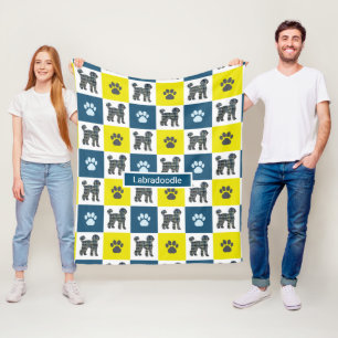 Manta Polar Labradoodle Dog & Paw Print Yellow Grid Silhouette