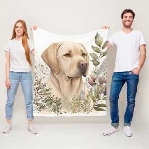 Manta Polar Labrador Retriever Dorado y Flores a la Acuarela