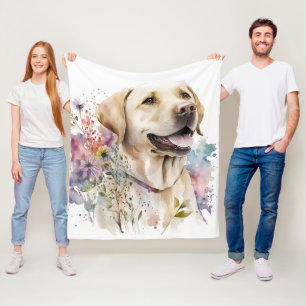 Manta Polar Labrador Retriever Dorado y Flores a la Acuarela