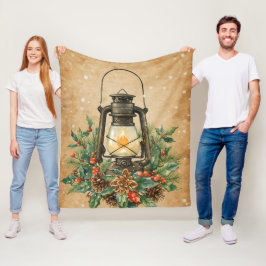 Manta Polar Lámpara cálida de Navidad, acebo, pino rústico aco
