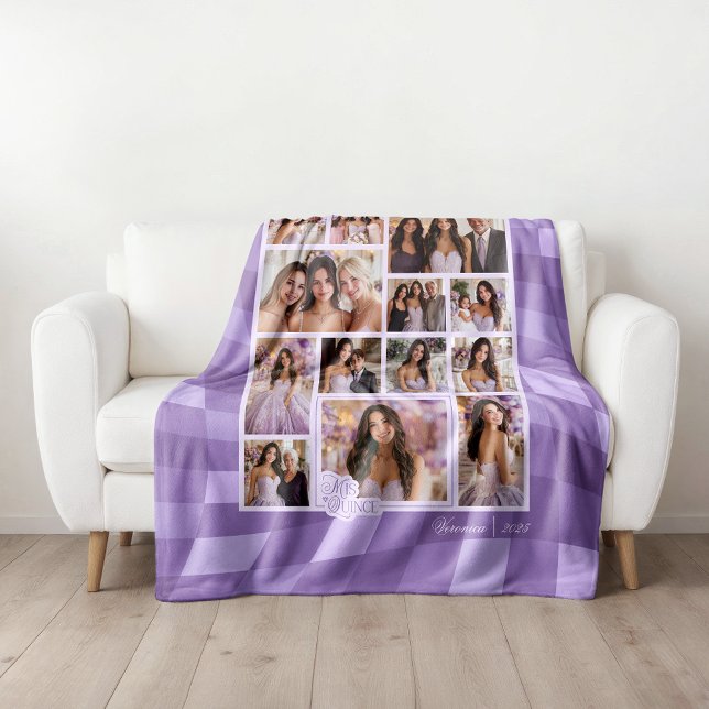 Manta Polar Lavanda a cuadros 14 Foto Keepsake Quinceañera (Shown on a Medium 50" x 60" blanket)