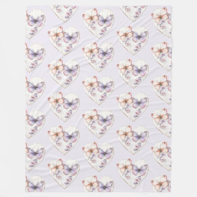 Manta Polar Lavender Pink Floral Heart Butterflies Birthday (Anverso)