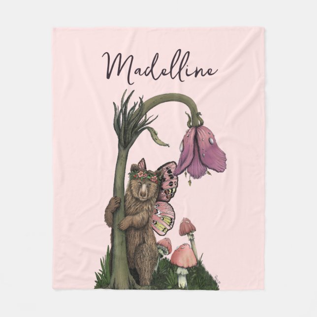 Manta Polar Leche de oso gris rosado en bosque encantado (Anverso)