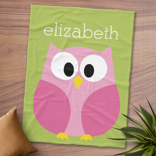 Manta Polar Lechuza Personalizado Cuta - Nombre verde rosa y l (Personalized Fleece Blanket - Add Photos and Text or Customize completely in advanced design area)