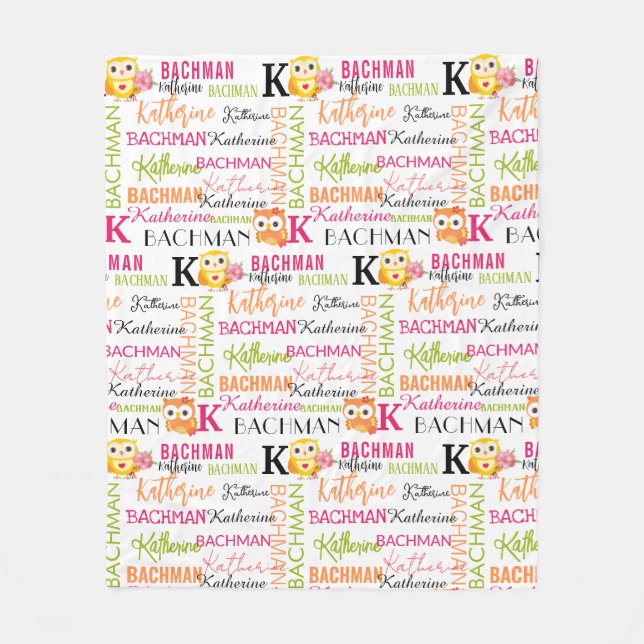 Manta Polar Lechuzas Naranjas amarillas con nombre y monograma (Anverso)