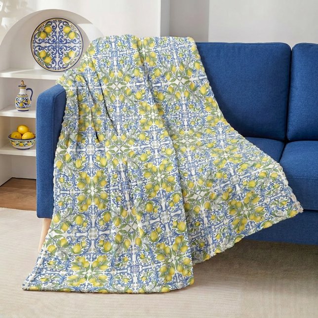 Manta Polar Lemon Citrus Blue Mediterranean Tile Pattern (Lemon Citrus Blue Mediterranean Tile Pattern Fleece Blanket )
