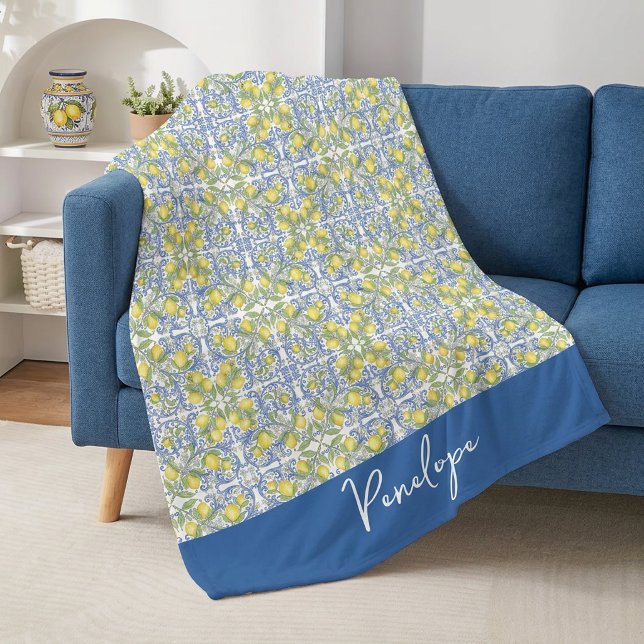 Manta Polar Lemon Citrus Blue Mediterranean Tile Pattern (Lemon Citrus Blue Mediterranean Tile Pattern Fleece Blanket)