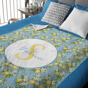 Manta Polar Lemon Watercolor Patrón de Baldosa Azul Personaliz