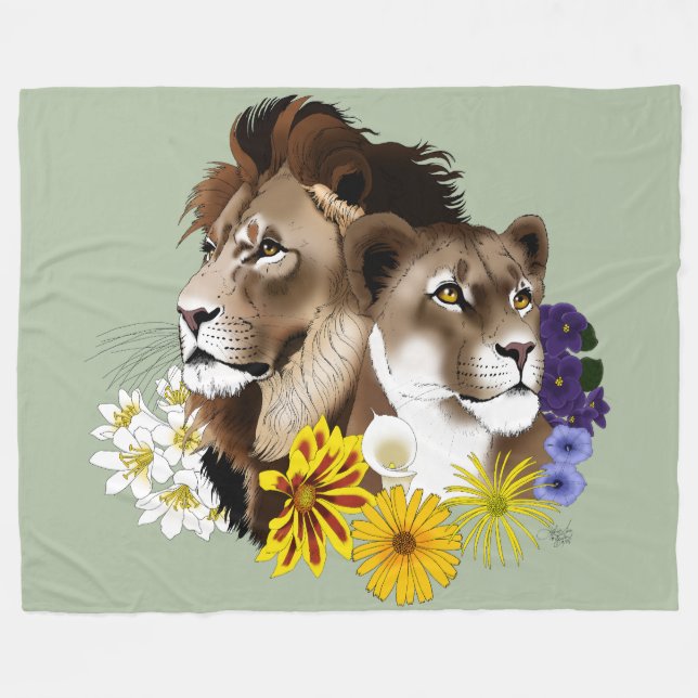 Manta Polar León Leona Floral Verde  (Frente (Horizontal))