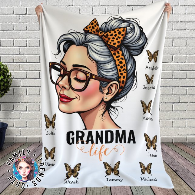 Manta Polar Leopard Messy Bun y mariposas Nombres de nietos (Subido por el creador)