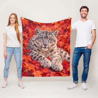 Manta Polar Leopardo de las Nieves entre Hojas de Arce de Otoñ