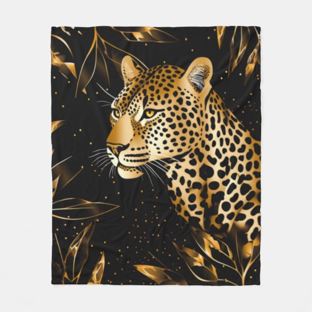Manta Polar Leopardo Guepardo Negro Oro Selva Safari Hojas (Anverso)