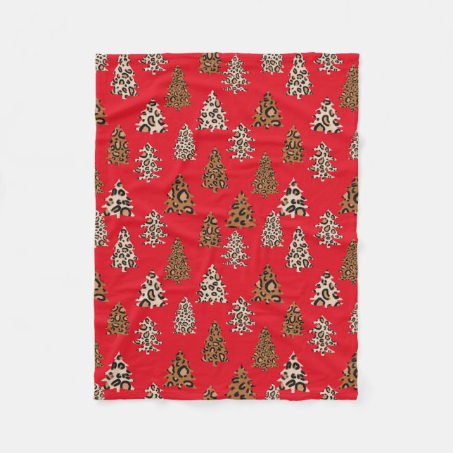 Manta Polar Leopardo imprime árboles de Navidad rojo (Anverso)