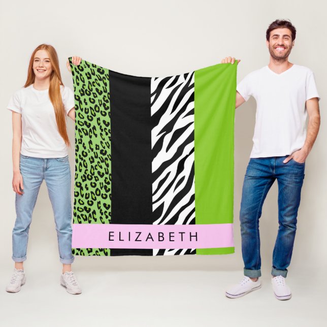 Manta Polar Leopardo Print, Zebra Print, Green, Your Name (In situ)