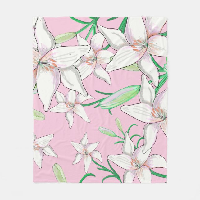 Manta Polar Lillies blancos sobre el Ilustracion de fondo rosa (Anverso)