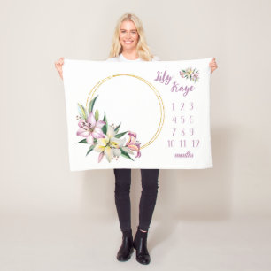 Manta Polar Lily Baby Girl Milestone Blanket, Lily Flower Baby