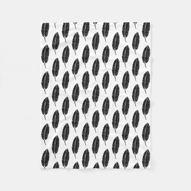 Manta Polar Linocut de plumas rusticas en blanco y negro (Anverso)