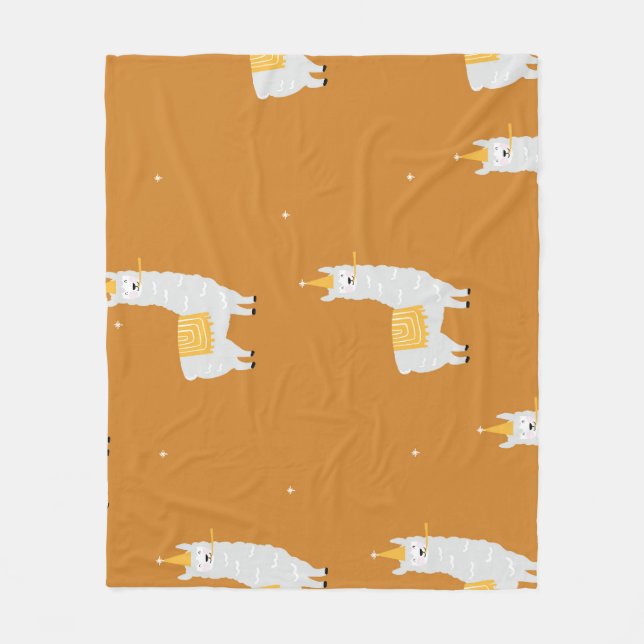 Manta Polar Llama, fondo naranja: patrón de cumpleaños. (Anverso)