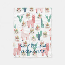 Manta Polar Llamas rosadas lindas personalizadas y cactus verd