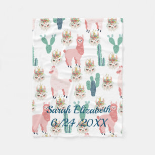 Manta Polar Llamas rosadas lindas personalizadas y cactus verd