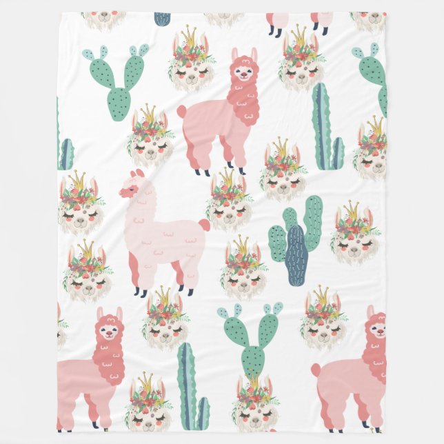 Manta Polar Llamas rosadas lindas y cactus verdes (Anverso)