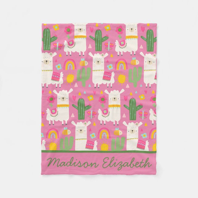 Manta Polar Llamas Verde Cactus Bonito Rosa Arcoíris (Anverso)