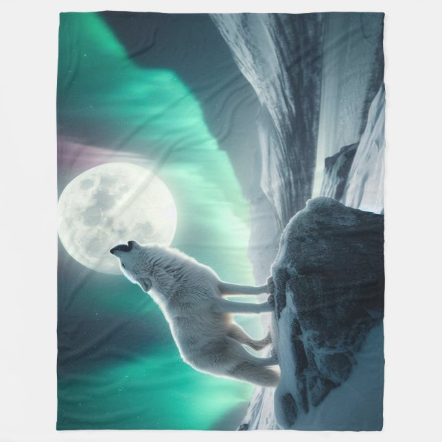 Manta Polar "Lobo aullando en las luces de Aurora" (Anverso)
