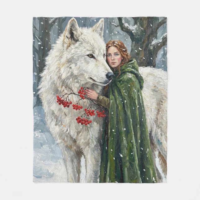 Manta Polar Lobo Blanco Pelirroja Druida Bayas de Invierno Fan (Anverso)