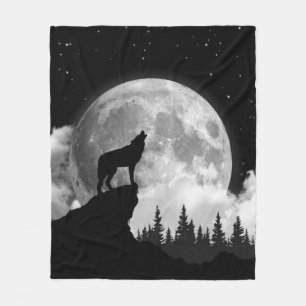 Manta Polar Lobo blanco y negro aullando en la luna