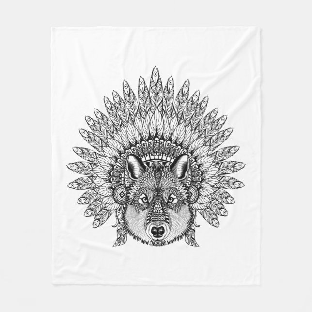 Manta Polar Lobo inspirado en capo emplumado de la guerra (Anverso)