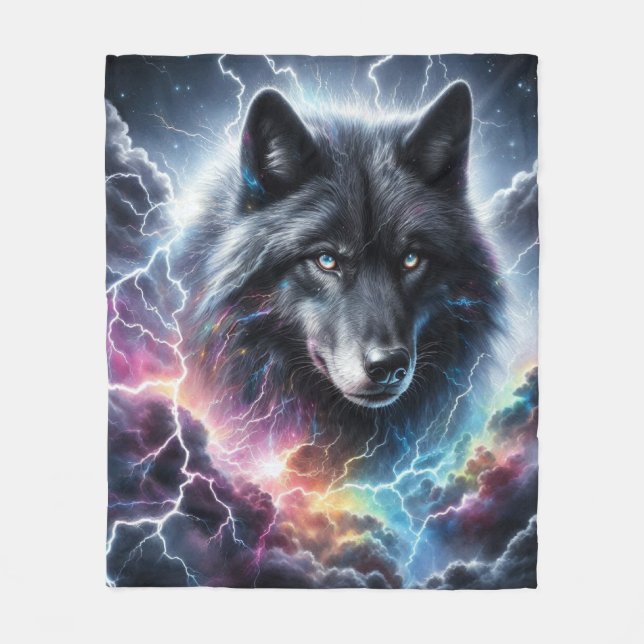 Manta Polar Lobo negro con relámpago (Anverso)