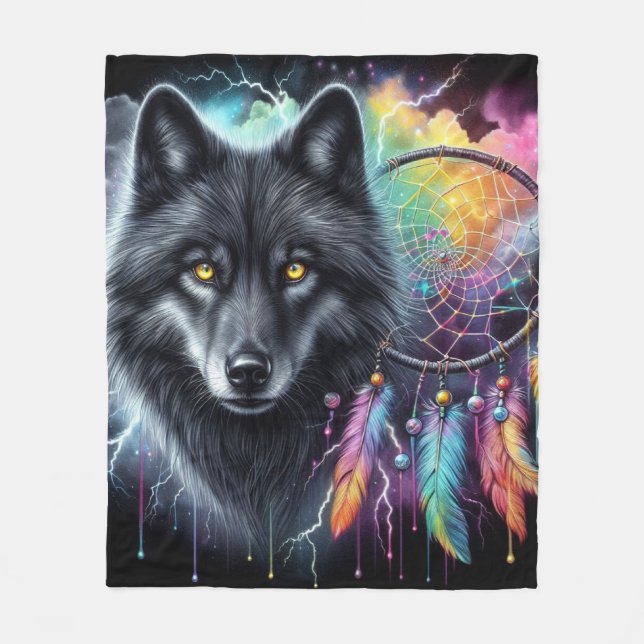 Manta Polar Lobo negro con un Dreamcatcher (Anverso)