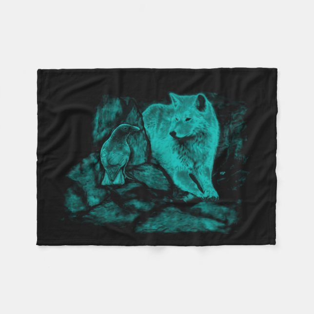 Manta Polar Lobo y cuervo en la noche (Frente (Horizontal))