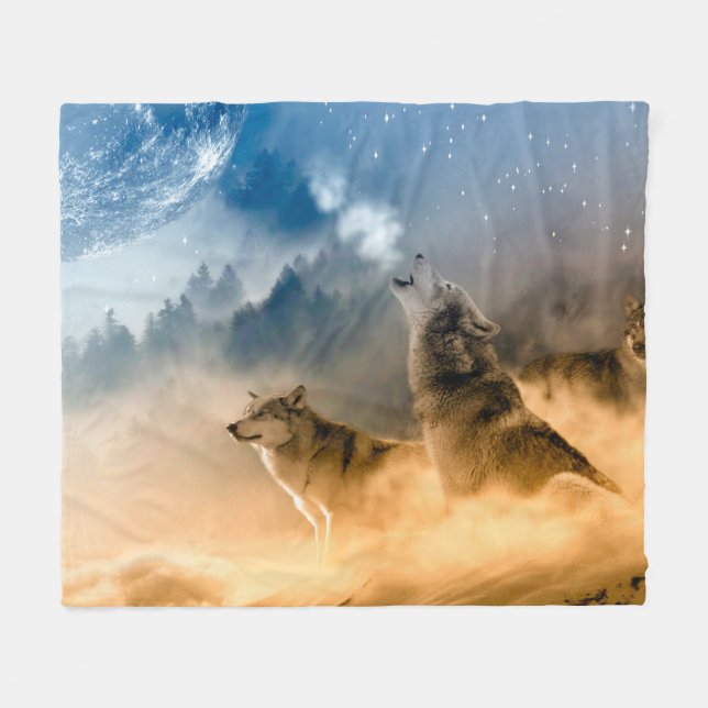 Manta Polar Lobos llorando en una luna llena (Frente (Horizontal))