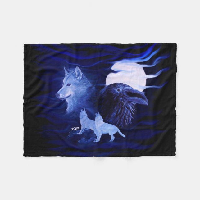 Manta Polar Lobos y cuervo con luna llena (Frente (Horizontal))