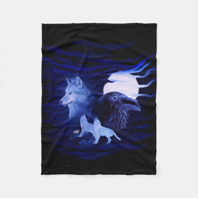 Manta Polar Lobos y Raven con luna llena (Anverso)