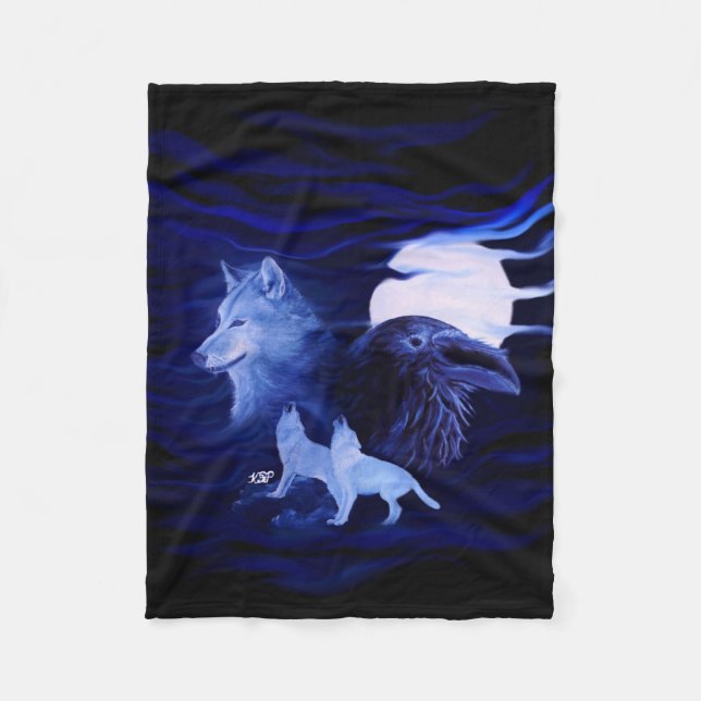 Manta Polar Lobos y Raven con luna llena (Anverso)