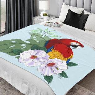 Manta Polar Loro Guacamayo Rojo Floral Hibisco Tropical Blanco