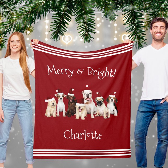 Manta Polar Los amantes del perro rojos se envuelven con su no (Cute Dogs Red Christmas Blanket With Name)