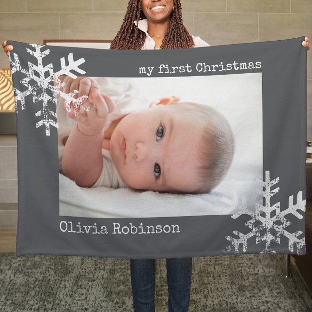 Manta Polar Los primeros copos de nieve de fotos grises oscura (Snowflake Baby's 1st Christmas holiday keepsake photo ornament perfect to bring joy to others.)